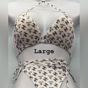 CHANEL New White and Black Logo Bikini Set size large